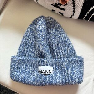 Ganni Blue and White Knit Hat